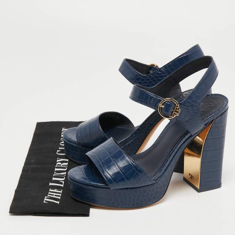 Pre Owned Tory Burch Navy Blue Croc Embossed Leather  Maritine Platform Sandals Size 37.5