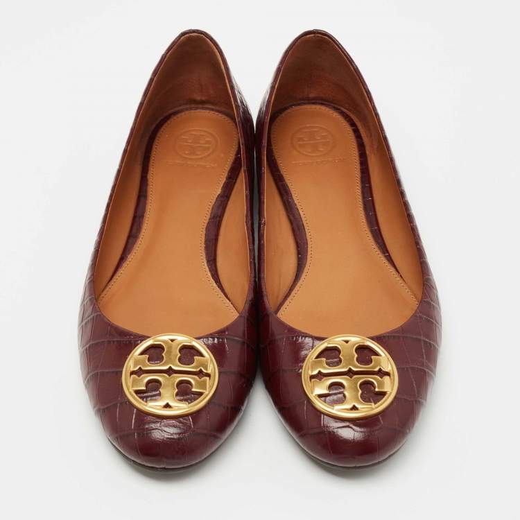Pre Owned Tory Burch Burgundy Croc Embossed Leather Chelsea Ballet Flats Size 38.5