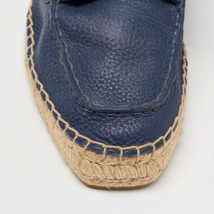 مملوكة مسبقًا Tory Burch Navy Blue Leather Lace Up Espadrille Flats Size 41