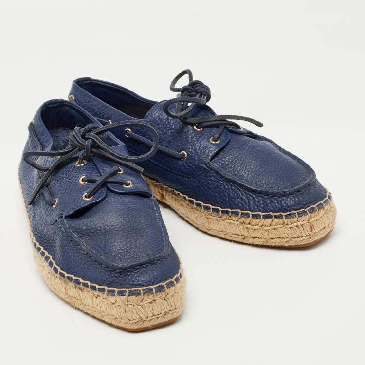 مملوكة مسبقًا Tory Burch Navy Blue Leather Lace Up Espadrille Flats Size 41
