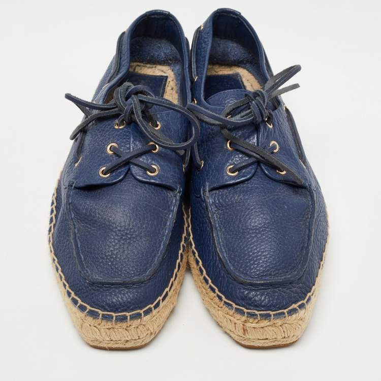 مملوكة مسبقًا Tory Burch Navy Blue Leather Lace Up Espadrille Flats Size 41