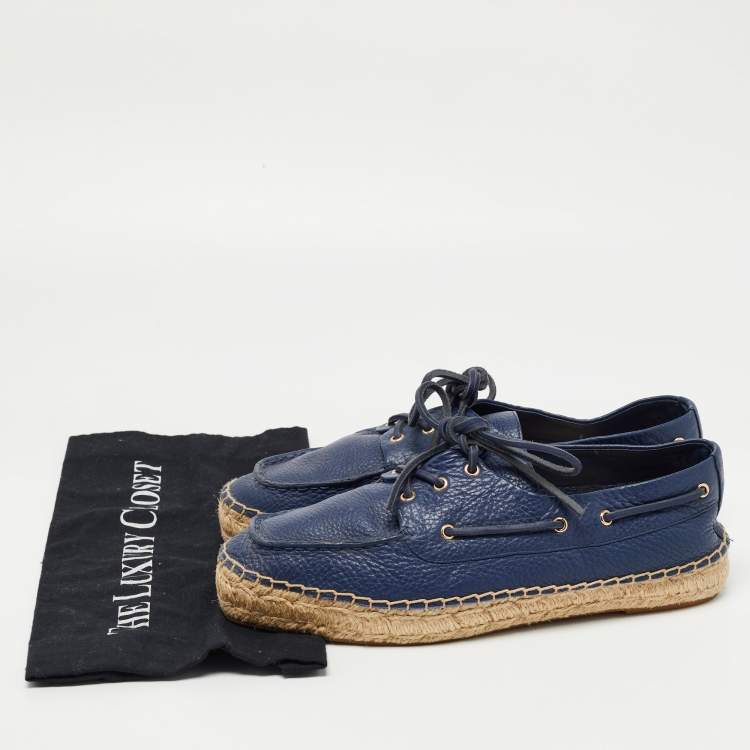 مملوكة مسبقًا Tory Burch Navy Blue Leather Lace Up Espadrille Flats Size 41