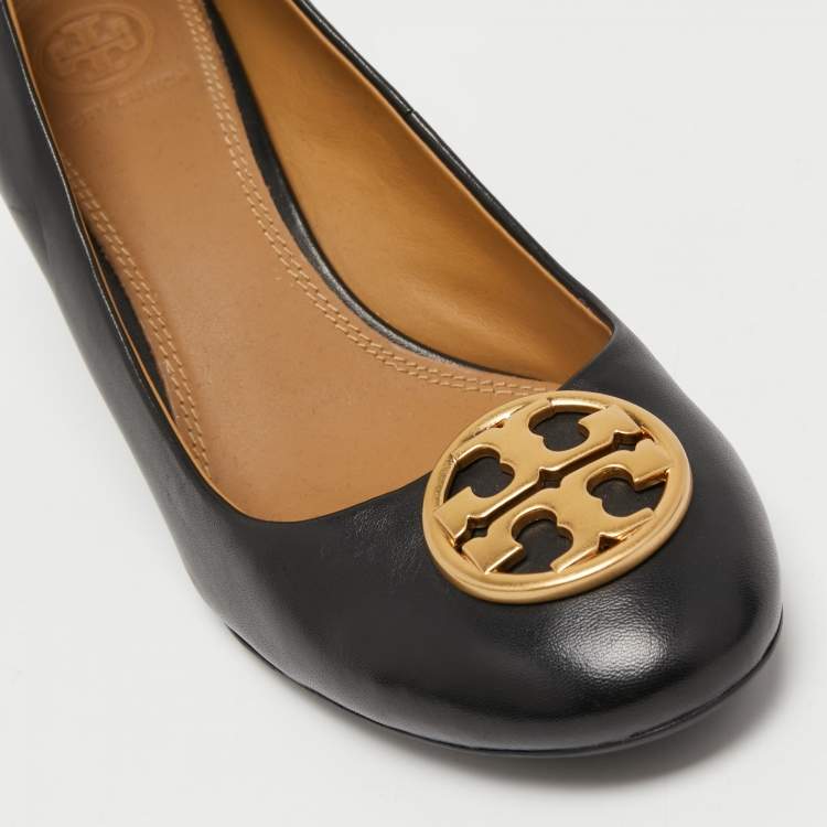 Pre Owned Tory Burch Black Leather Sally Wedge Pumps Size 38