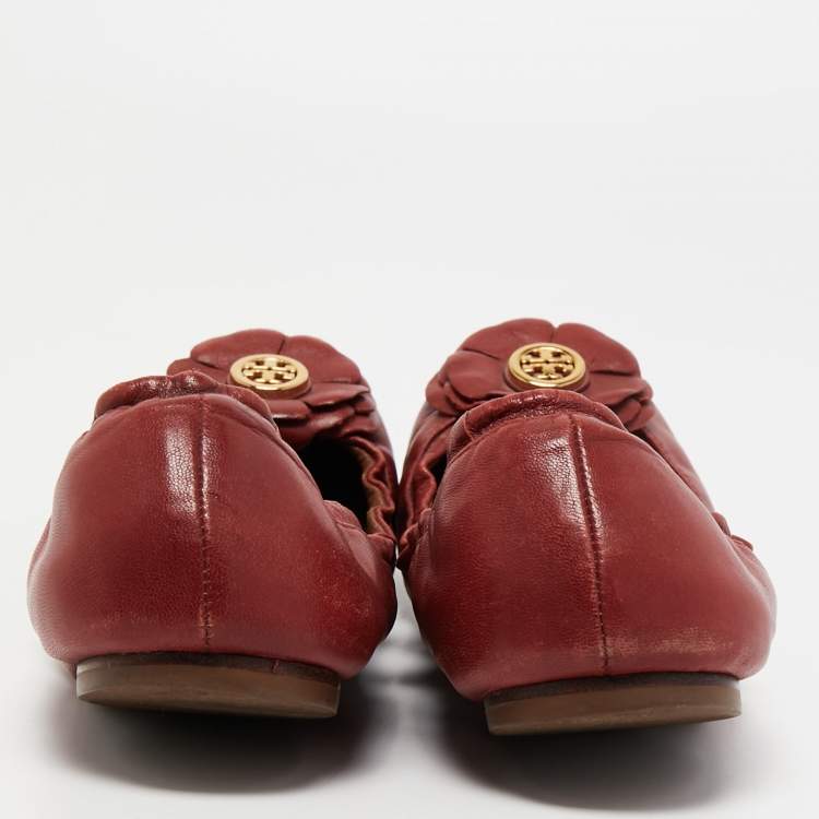 Pre Owned Tory Burch Red Leather Shelby Scrunch Ballet Flats Size 40