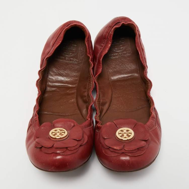 Pre Owned Tory Burch Red Leather Shelby Scrunch Ballet Flats Size 40
