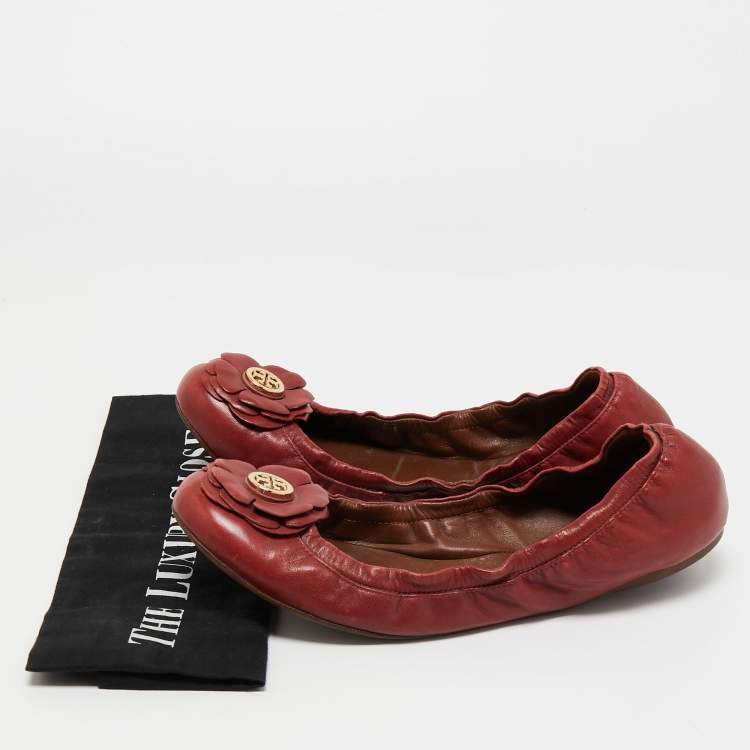 Pre Owned Tory Burch Red Leather Shelby Scrunch Ballet Flats Size 40