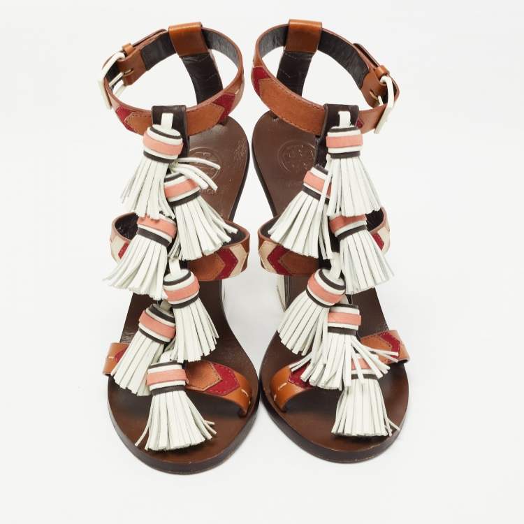 Pre Owned Tory Burch Multicolor Leather Tassels Block Heel Sandals Size 37.5