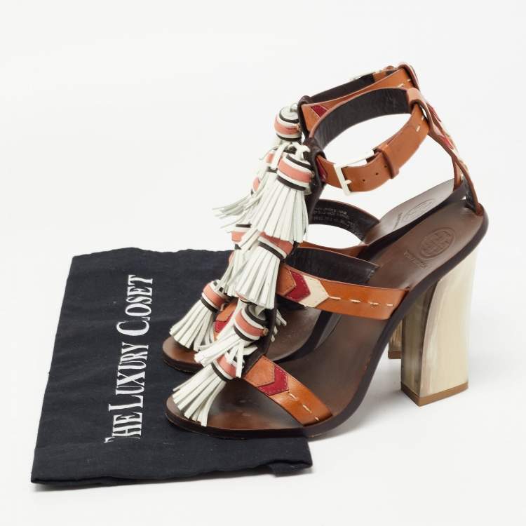 Pre Owned Tory Burch Multicolor Leather Tassels Block Heel Sandals Size 37.5