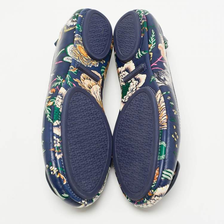Pre Owned Tory Burch Navy Blue Printed Floral Leather Minnie Travel Ballet Flats Size 38.5