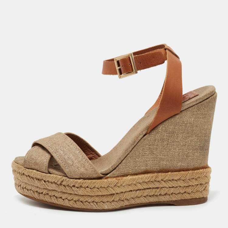 Tory Burch Gold/Brown Leather and Canvas Espadrille Wedge Sandals Size  Tory  Burch | TLC