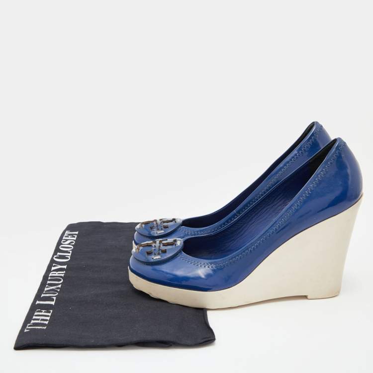 Pre Owned Tory Burch Navy Blue Patent Leather Logo Platform Wedge Pumps Size 37.5