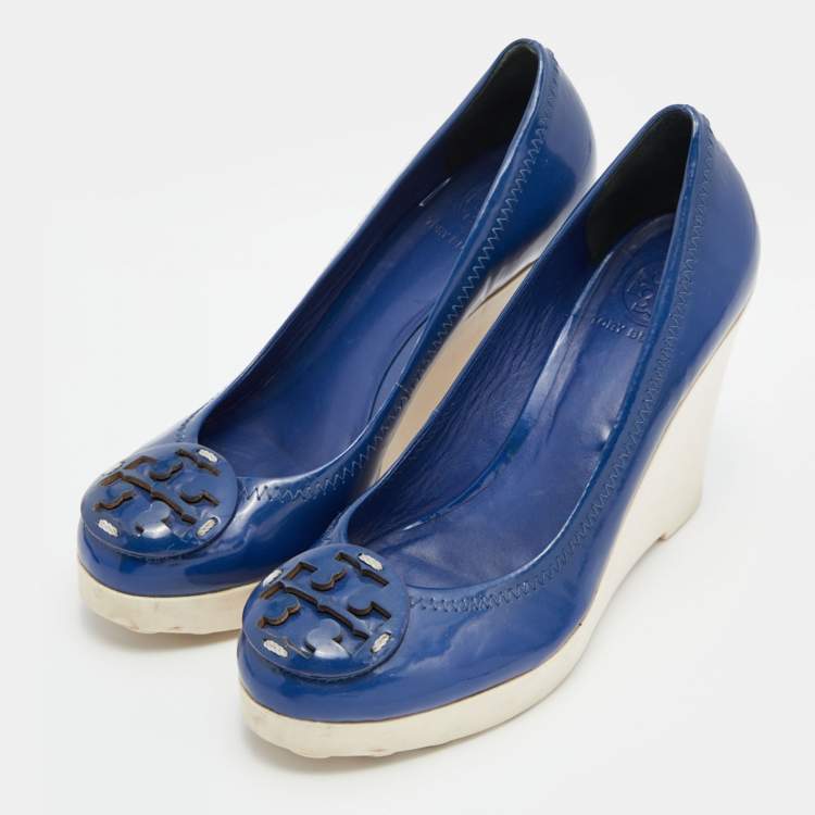 Pre Owned Tory Burch Navy Blue Patent Leather Logo Platform Wedge Pumps Size 37.5