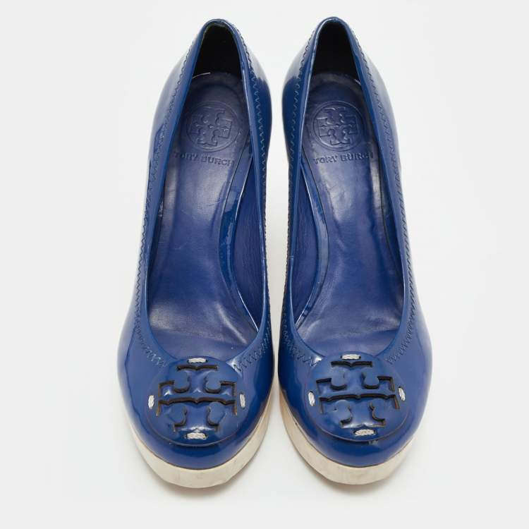 Pre Owned Tory Burch Navy Blue Patent Leather Logo Platform Wedge Pumps Size 37.5