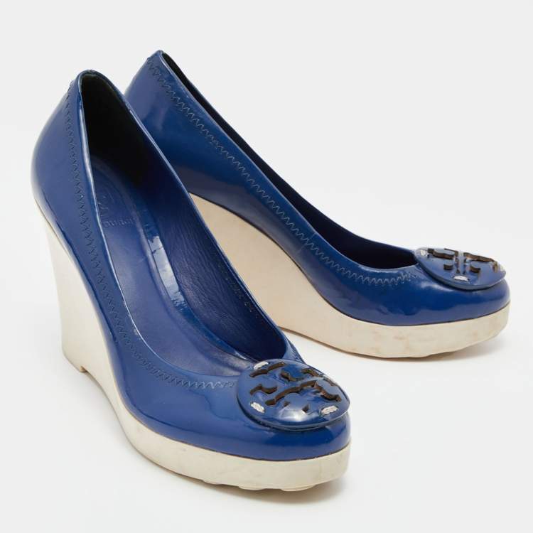Pre Owned Tory Burch Navy Blue Patent Leather Logo Platform Wedge Pumps Size 37.5