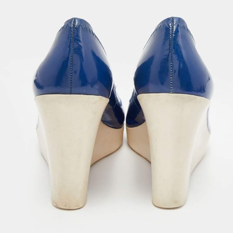 Pre Owned Tory Burch Navy Blue Patent Leather Logo Platform Wedge Pumps Size 37.5