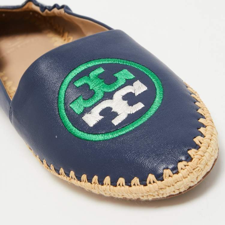 Pre Owned Tory Burch Navy Blue Leather Espadrille Flats Size 37 