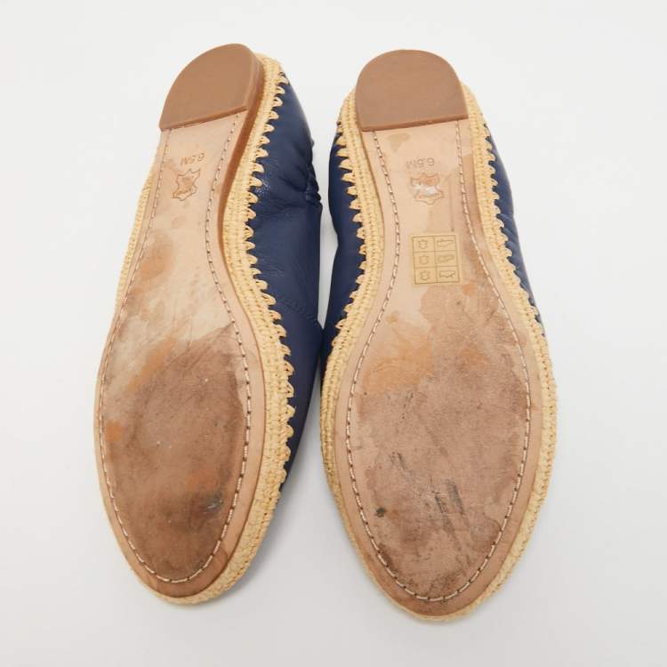 Pre Owned Tory Burch Navy Blue Leather Espadrille Flats Size 37 