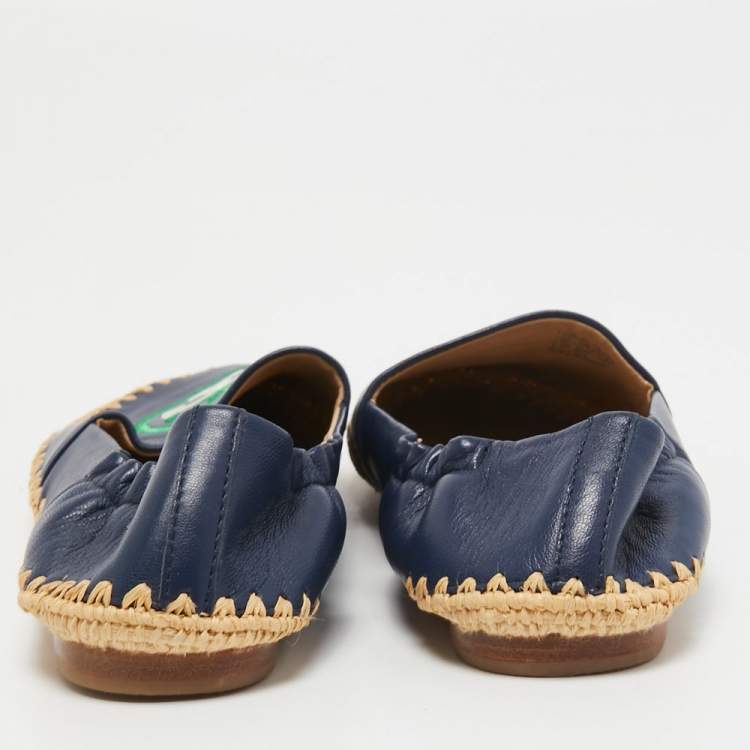 Pre Owned Tory Burch Navy Blue Leather Espadrille Flats Size 37 