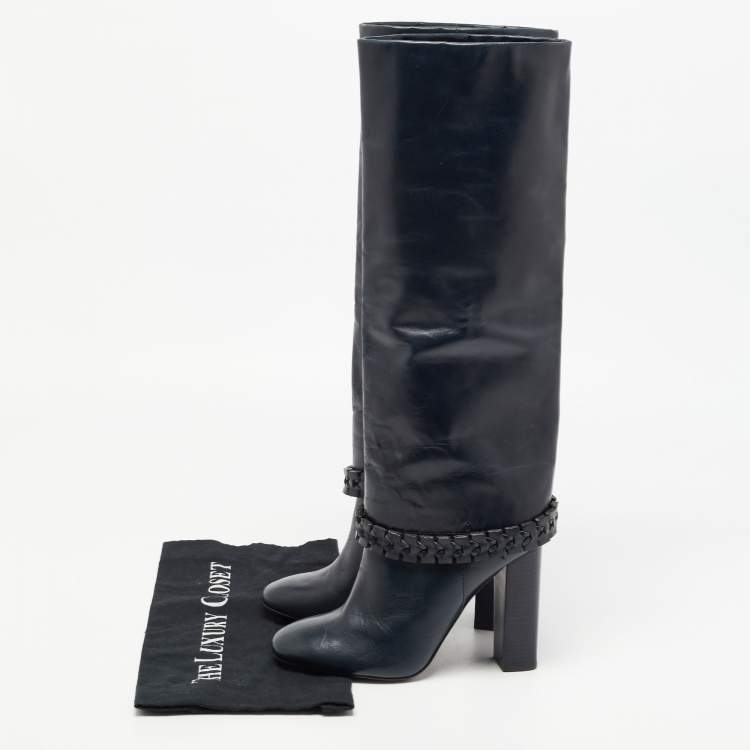 مملوكة مسبقًا Tory Burch Navy Blue Leather Sarava Braid Detail Knee Boots Size 37.5