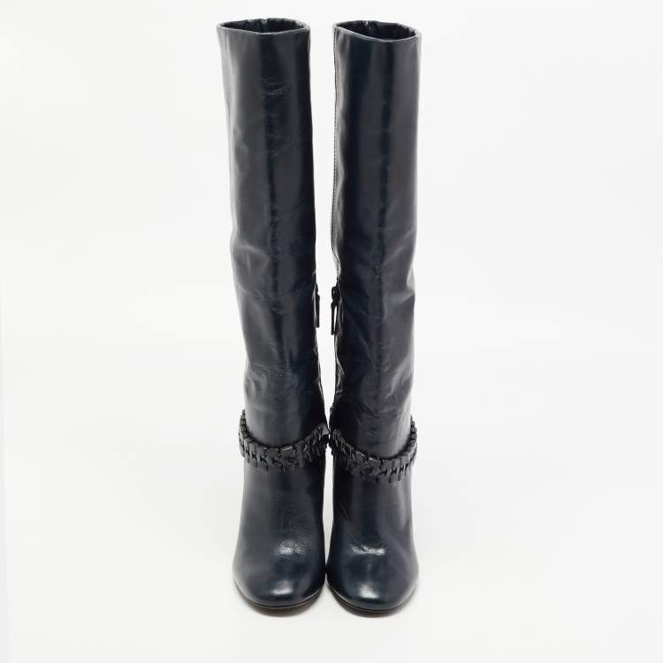 مملوكة مسبقًا Tory Burch Navy Blue Leather Sarava Braid Detail Knee Boots Size 37.5