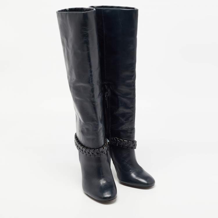 مملوكة مسبقًا Tory Burch Navy Blue Leather Sarava Braid Detail Knee Boots Size 37.5