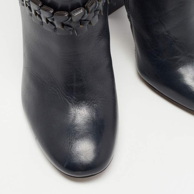 مملوكة مسبقًا Tory Burch Navy Blue Leather Sarava Braid Detail Knee Boots Size 37.5