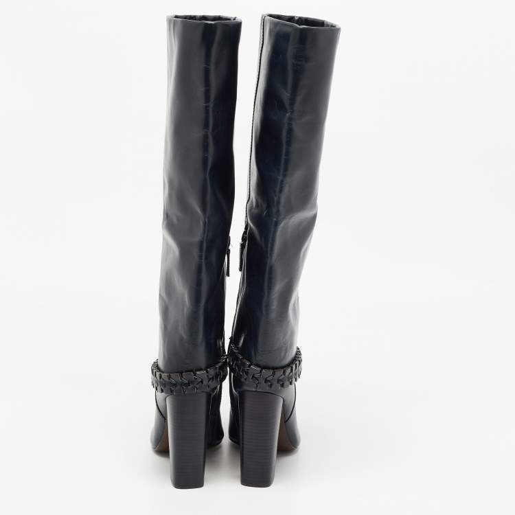 مملوكة مسبقًا Tory Burch Navy Blue Leather Sarava Braid Detail Knee Boots Size 37.5
