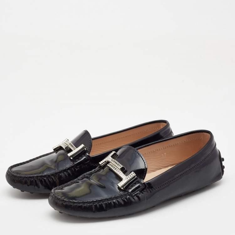 Pre Owned Tod's Black Patent Leather Slip On Loafers Size 37