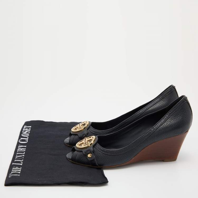 Pre Owned Tory Burch Navy Blue Leather Leticia Peep Toe Wedge Pumps Size 37.5