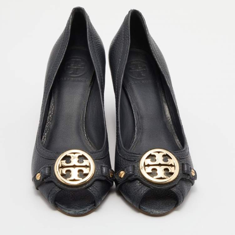 Pre Owned Tory Burch Navy Blue Leather Leticia Peep Toe Wedge Pumps Size 37.5