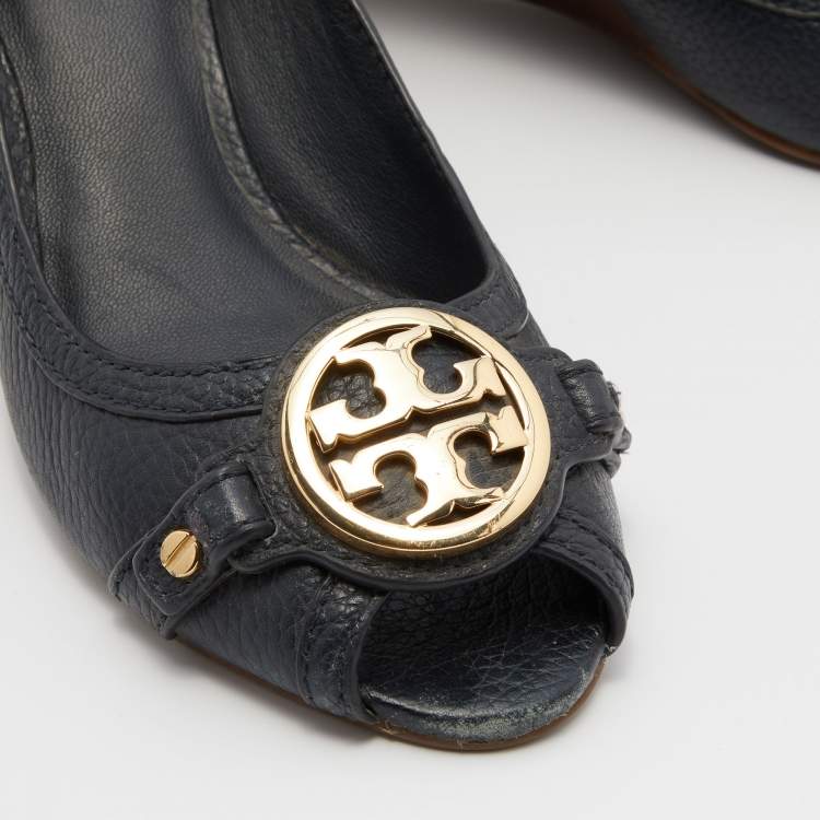Pre Owned Tory Burch Navy Blue Leather Leticia Peep Toe Wedge Pumps Size 37.5