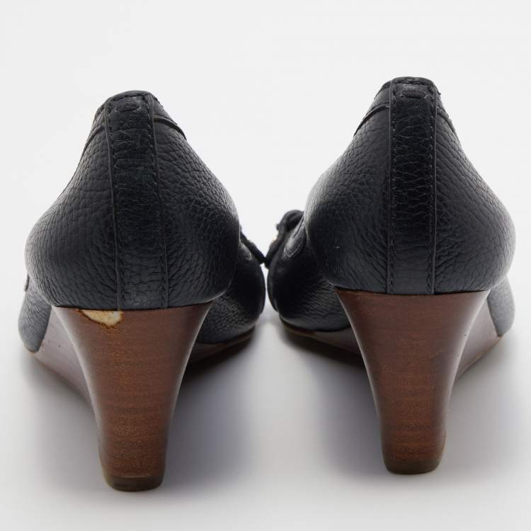 Pre Owned Tory Burch Navy Blue Leather Leticia Peep Toe Wedge Pumps Size 37.5