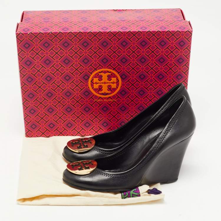 Pre Owned Tory Burch Black Leather Sally Wedge Pumps Size 37.5