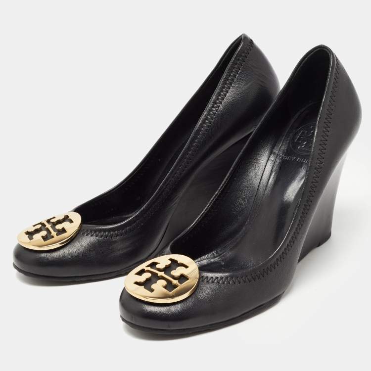 Pre Owned Tory Burch Black Leather Sally Wedge Pumps Size 37.5