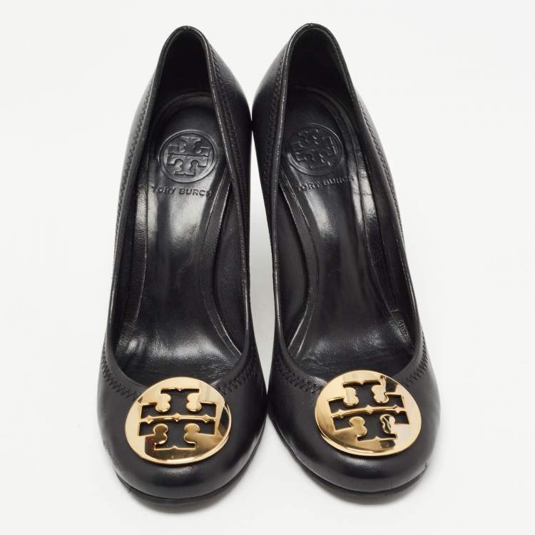 Pre Owned Tory Burch Black Leather Sally Wedge Pumps Size 37.5