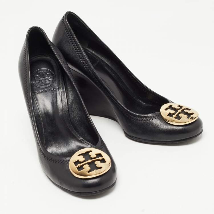 Pre Owned Tory Burch Black Leather Sally Wedge Pumps Size 37.5