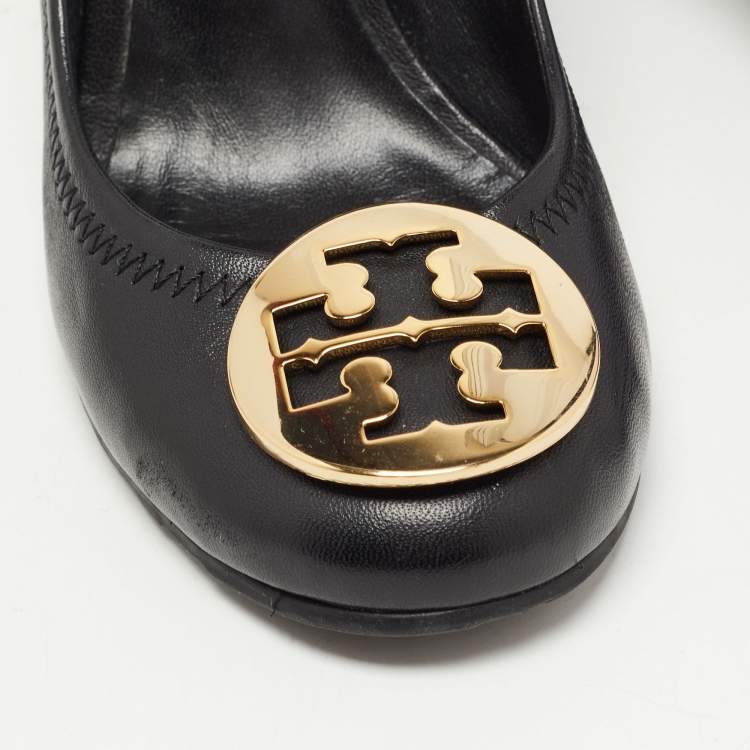 Pre Owned Tory Burch Black Leather Sally Wedge Pumps Size 37.5