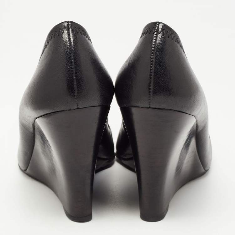 Pre Owned Tory Burch Black Leather Sally Wedge Pumps Size 37.5