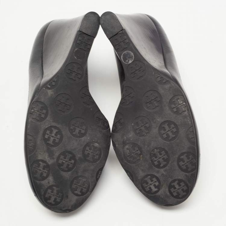 Pre Owned Tory Burch Black Leather Sally Wedge Pumps Size 37.5