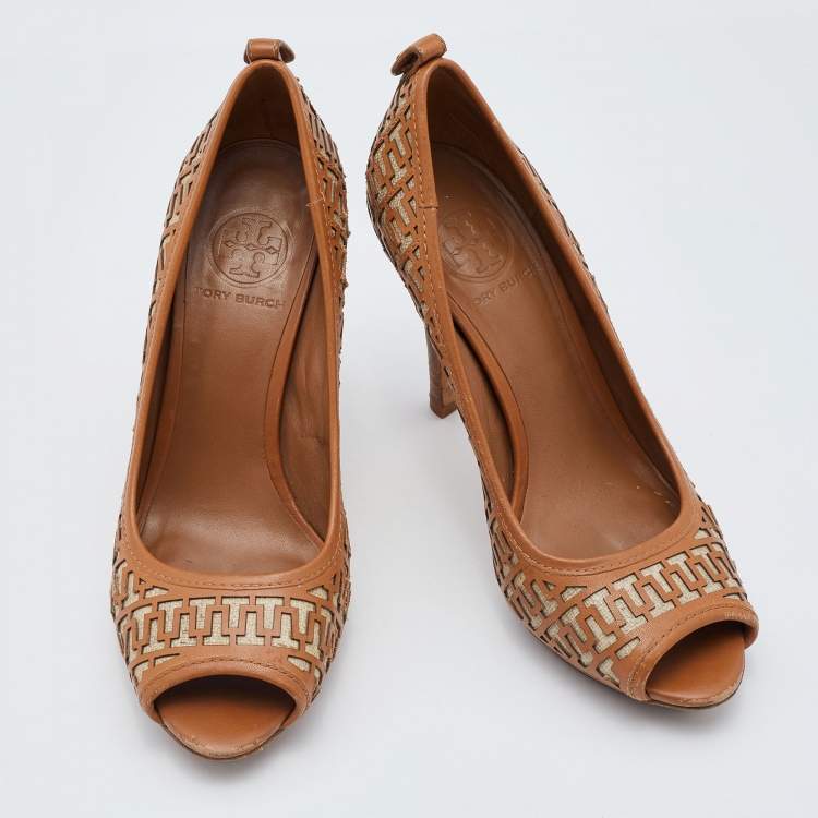 Pre Owned Tory Burch Brown Leather Regan High Heel Peep Toe Pumps Size 38