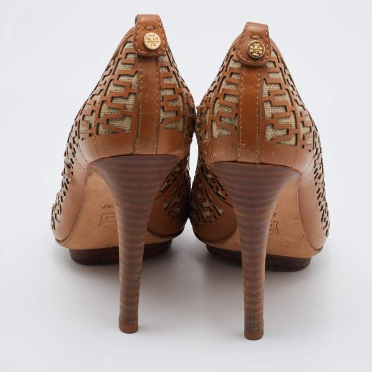Pre Owned Tory Burch Brown Leather Regan High Heel Peep Toe Pumps Size 38