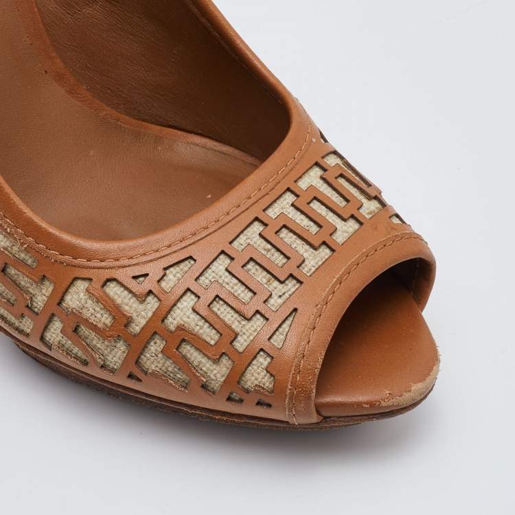 Pre Owned Tory Burch Brown Leather Regan High Heel Peep Toe Pumps Size 38