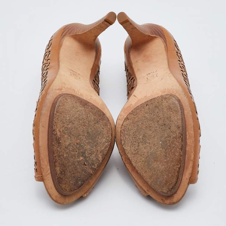 Pre Owned Tory Burch Brown Leather Regan High Heel Peep Toe Pumps Size 38