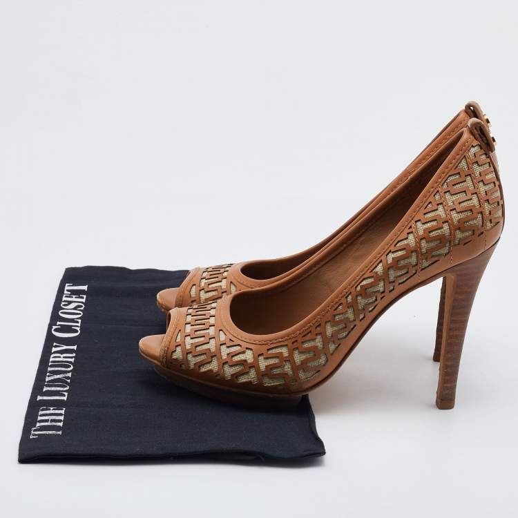 Pre Owned Tory Burch Brown Leather Regan High Heel Peep Toe Pumps Size 38