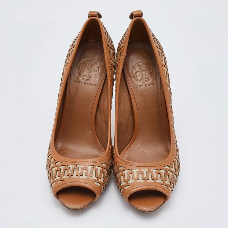 Pre Owned Tory Burch Brown Leather Regan High Heel Peep Toe Pumps Size 38