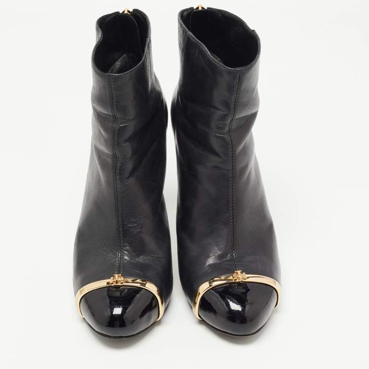 Pre Owned Tory Burch Black Leather and Patent Ankle Booties Size 37