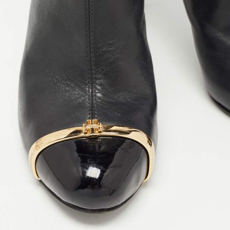 Pre Owned Tory Burch Black Leather and Patent Ankle Booties Size 37