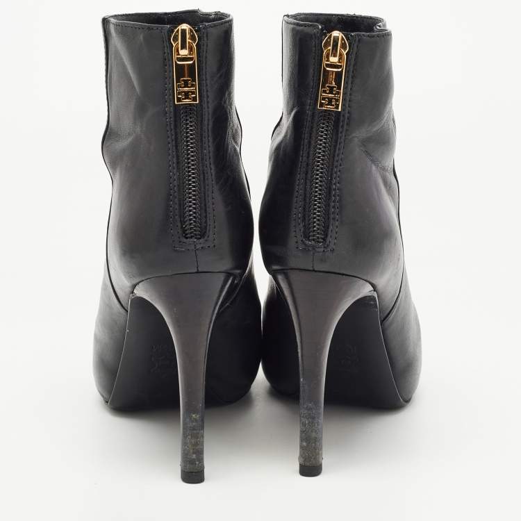 Pre Owned Tory Burch Black Leather and Patent Ankle Booties Size 37