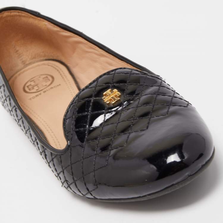 Pre Owned Tory Burch Black Quilted Patent Leather Smoking Slippers Size 37