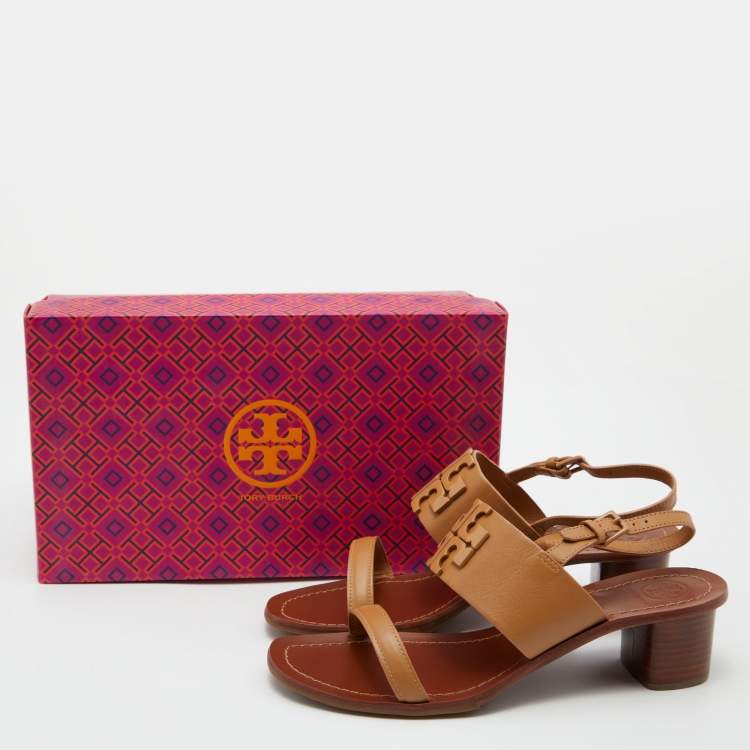 Pre Owned Tory Burch Beige Leather Eleanor Block Heel Slingback Sandals Size 40